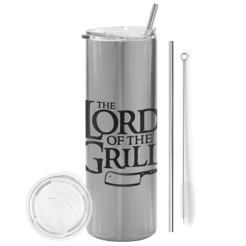 The Lord of the Grill, Eco friendly ποτήρι θερμό Ασημένιο (tumbler) από ανοξείδωτο ατσάλι 600ml, με μεταλλικό καλαμάκι & βούρτσα καθαρισμού