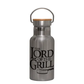 The Lord of the Grill, Μεταλλικό παγούρι θερμός (Stainless steel) Ασημένιο με ξύλινο καπακι (bamboo), διπλού τοιχώματος, 350ml