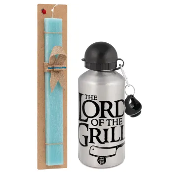 The Lord of the Grill, Easter Set, metallic silver aluminum water bottle (500ml) & scented flat Easter candle (30cm) (TURQUOISE)