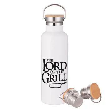 The Lord of the Grill, Μεταλλικό παγούρι θερμός (Stainless steel) Λευκό με ξύλινο καπάκι (bamboo), διπλού τοιχώματος, 750ml