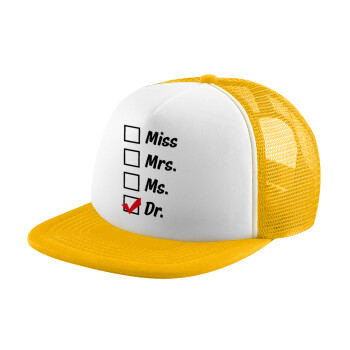 Miss, Mrs, Ms, DR, Καπέλο Soft Trucker με Δίχτυ Κίτρινο/White 