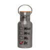 Stainless steel metallic thermos flask, silver with a bamboo lid, double-walled, 350ml.