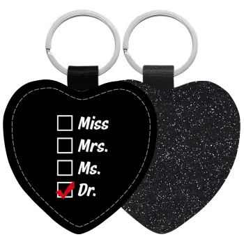 Miss, Mrs, Ms, DR, Μπρελόκ PU δερμάτινο glitter καρδιά ΜΑΥΡΟ