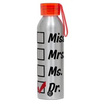 Miss, Mrs, Ms, DR, Αλουμινένιο Αθλητικό Μπουκάλι 650ml – Ασημί με Κόκκινο Καπάκι και Λουράκι Σιλικόνης