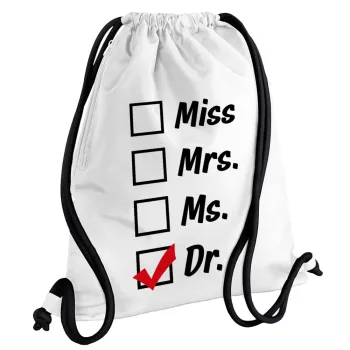 Miss, Mrs, Ms, DR, Τσάντα πλάτης πουγκί GYMBAG λευκή, με τσέπη (40x48cm) & χονδρά κορδόνια
