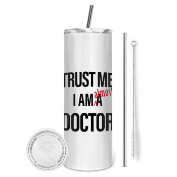 Trust me, i am (almost) Doctor, Tumbler ποτήρι θερμό από ανοξείδωτο ατσάλι 600ml, με μεταλλικό καλαμάκι & βούρτσα καθαρισμού