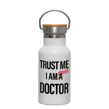 Trust me, i am (almost) Doctor, Μεταλλικό παγούρι θερμός (Stainless steel) Λευκό με ξύλινο καπακι (bamboo), διπλού τοιχώματος, 350ml