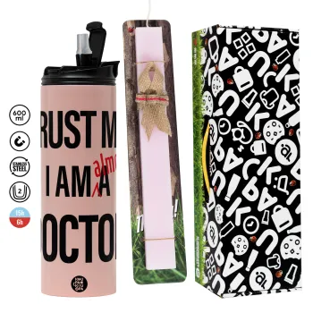 Trust me, i am (almost) Doctor, Πασχαλινή Λαμπάδα με  ΡΟΖ Travel Tumbler θερμό (600ml, BPA free) & κερί αρωματικό πλακέ (30cm) (ΡΟΖ)