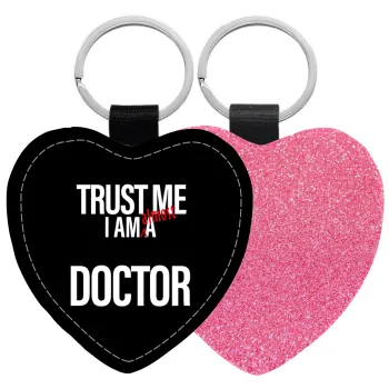 Trust me, i am (almost) Doctor, Μπρελόκ PU δερμάτινο glitter καρδιά ΡΟΖ