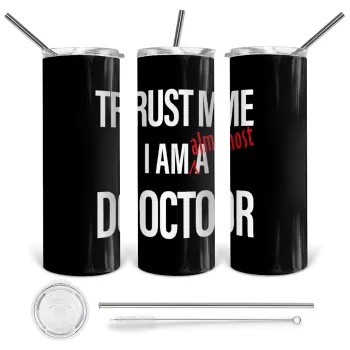Trust me, i am (almost) Doctor, Tumbler ποτήρι θερμό από ανοξείδωτο ατσάλι 600ml, με μεταλλικό καλαμάκι & βούρτσα καθαρισμού