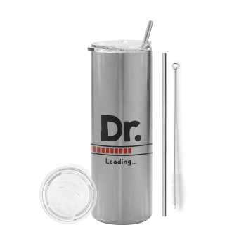 DR. Loading..., Tumbler ποτήρι θερμό Ασημένιο από ανοξείδωτο ατσάλι 600ml, με μεταλλικό καλαμάκι & βούρτσα καθαρισμού