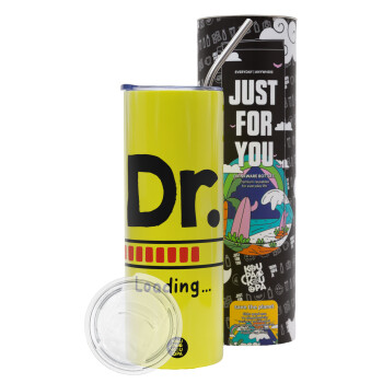 DR. Loading..., Neon Yellow Travel Tumbler, with metal straw (Stainless steel 304 Food grade, BPA free, 600ml)