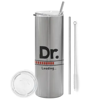 DR. Loading..., Tumbler ποτήρι θερμό Ασημένιο από ανοξείδωτο ατσάλι 600ml, με μεταλλικό καλαμάκι & βούρτσα καθαρισμού