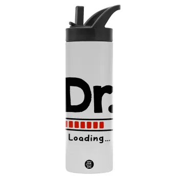 DR. Loading..., Metallic thermos bottle with straw & handle, stainless steel (Stainless steel 304), double-walled, 600ml.