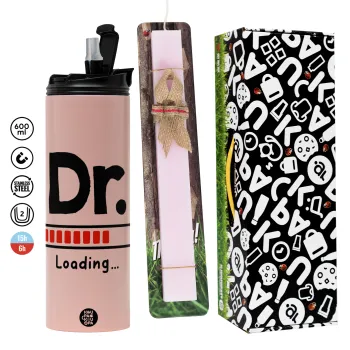 DR. Loading..., Πασχαλινή Λαμπάδα με  ΡΟΖ Travel Tumbler θερμό (600ml, BPA free) & κερί αρωματικό πλακέ (30cm) (ΡΟΖ)