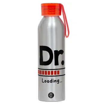 DR. Loading..., Αλουμινένιο Αθλητικό Μπουκάλι 650ml – Ασημί με Κόκκινο Καπάκι και Λουράκι Σιλικόνης