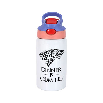 Dinner is coming (GOT), Children's hot water bottle, stainless steel, with safety straw, pink/purple (350ml)