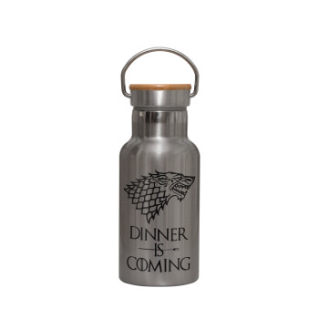 Dinner is coming (GOT), Stainless steel metallic thermos flask, silver with a bamboo lid, double-walled, 350ml.