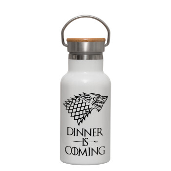 Dinner is coming (GOT), Metallic thermos (Stainless steel) White with wooden lid (bamboo), double-walled, 350ml