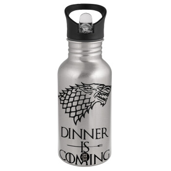 Dinner is coming (GOT), Water bottle Silver with straw, stainless steel 500ml