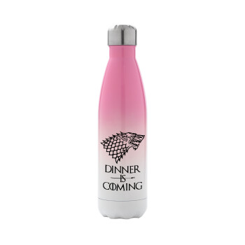 Dinner is coming (GOT), Metal mug thermos Pink/White (Stainless steel), double wall, 500ml