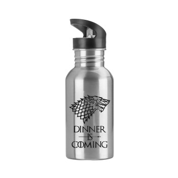 Dinner is coming (GOT), Water bottle Silver with straw, stainless steel 600ml
