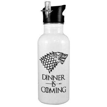 Dinner is coming (GOT), White water bottle with straw, stainless steel 600ml