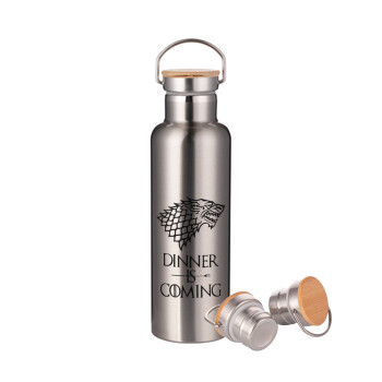 Dinner is coming (GOT), Stainless steel Silver with wooden lid (bamboo), double wall, 750ml