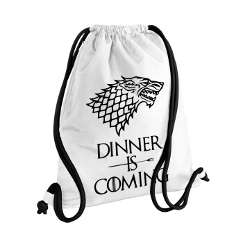 Dinner is coming (GOT), Τσάντα πλάτης πουγκί GYMBAG λευκή, με τσέπη (40x48cm) & χονδρά κορδόνια