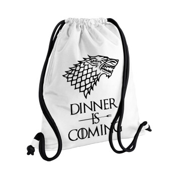 Dinner is coming (GOT), Backpack pouch GYMBAG white, with pocket (40x48cm) & thick cords