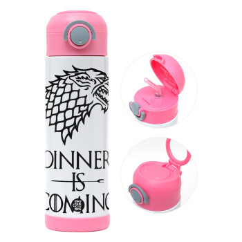 Dinner is coming (GOT), Children's hot water bottle, stainless steel, with safety straw, PINK (500ml)