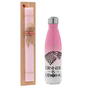 Dinner is coming (GOT), Easter Set, Metallic pink/white (Stainless steel) thermos, double-walled, 500ml & aromatic flat Easter candle (30cm) (PINK)