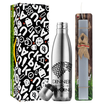 Dinner is coming (GOT), Easter Set, metallic stainless thermos flask (500ml) & scented flat Easter candle (30cm) (GRAY)