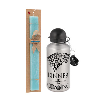 Dinner is coming (GOT), Πασχαλινή Λαμπάδα με παγούρι μεταλλικό Ασημένιο αλουμινίου (500ml) & κερί αρωματικό πλακέ (30cm) (ΤΙΡΚΟΥΑΖ)