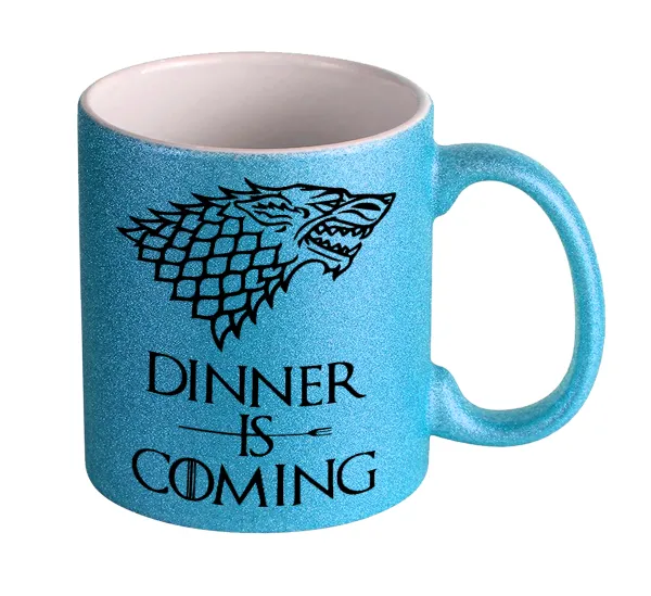 Dinner is coming — Light blue glitter mug that sparkles, ceramic, 330ml
