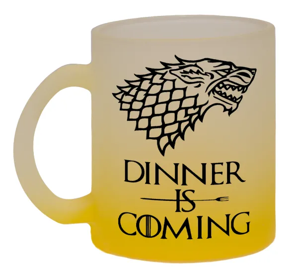 Dinner is coming — Two-tone glass mug with matte yellow base, 330ml