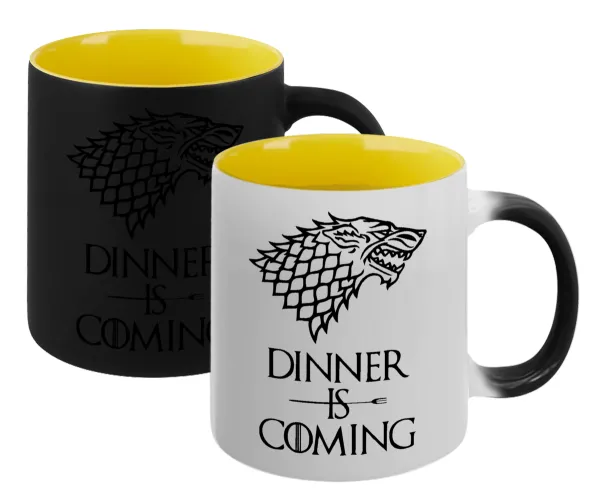 Dinner is coming — Magic mug with yellow interior, ceramic, 330ml, changes colour with hot drinks