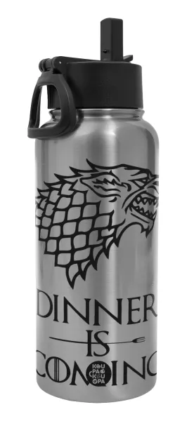 Dinner is coming — Μεταλλικό παγούρι θερμός Silver με καλαμάκι και χερούλι (Stainless steel), διπλού τοιχώματος, 950ml