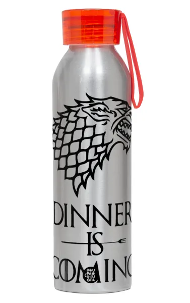Dinner is coming — Αλουμινένιο Αθλητικό Μπουκάλι 650ml – Ασημί με Κόκκινο Καπάκι και Λουράκι Σιλικόνης