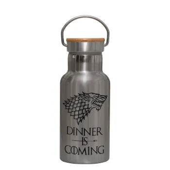 Dinner is coming (GOT), Μεταλλικό παγούρι θερμός (Stainless steel) Ασημένιο με ξύλινο καπακι (bamboo), διπλού τοιχώματος, 350ml