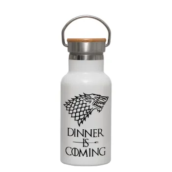 Dinner is coming (GOT), Μεταλλικό παγούρι θερμός (Stainless steel) Λευκό με ξύλινο καπακι (bamboo), διπλού τοιχώματος, 350ml