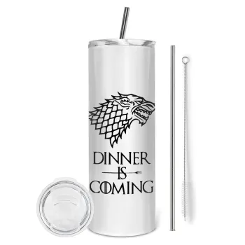 Dinner is coming (GOT), Tumbler ποτήρι θερμό από ανοξείδωτο ατσάλι 600ml, με μεταλλικό καλαμάκι & βούρτσα καθαρισμού