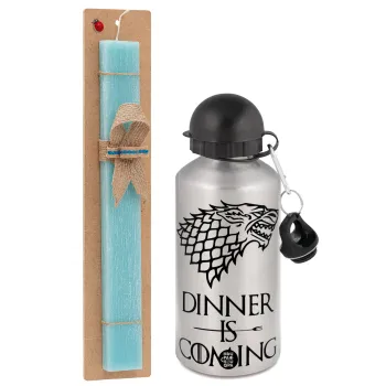 Dinner is coming (GOT), Easter Set, metallic silver aluminum water bottle (500ml) & scented flat Easter candle (30cm) (TURQUOISE)