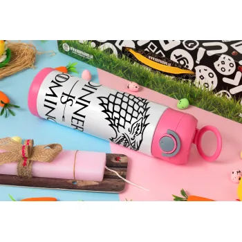 Dinner is coming (GOT), Easter candle, Childrens hot water bottle, stainless steel, with safety straw, PINK (500ml)