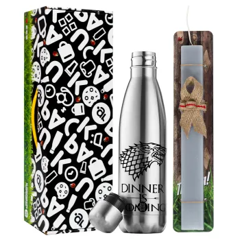 Dinner is coming (GOT), Easter Set, metallic stainless thermos flask (500ml) & scented flat Easter candle (30cm) (GRAY)