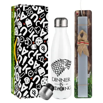Dinner is coming (GOT), Easter candle, metallic white thermos bottle (500ml) & aromatic flat candle (30cm) (GRAY)