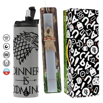 Dinner is coming (GOT), Πασχαλινή Λαμπάδα με Travel Tumbler θερμό (600ml, BPA free) & κερί αρωματικό πλακέ (30cm) (ΓΚΡΙ)