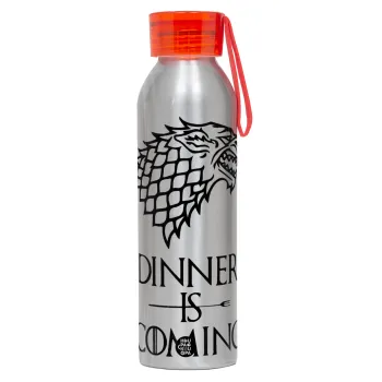 Dinner is coming (GOT), Αλουμινένιο Αθλητικό Μπουκάλι 650ml – Ασημί με Κόκκινο Καπάκι και Λουράκι Σιλικόνης