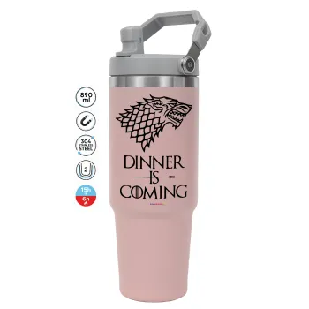 Dinner is coming (GOT), Pink color, 890ml (30oz) stainless Steel Tumbler with Handle