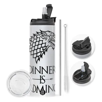 Dinner is coming (GOT), Travel Tumbler 2 Lids, with metal straw & cleaning brush (Stainless steel 304 Food grade, BPA free, 600ml)